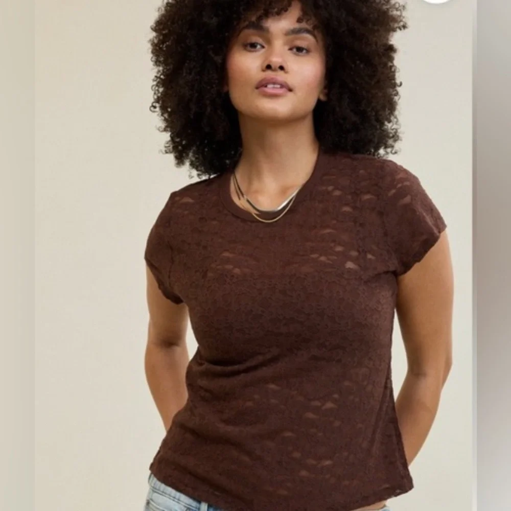 NWT Aerie Lace Vintage Short Sleeve Brown Top On Trend SZ L & XL Avail - Picture 1 of 11